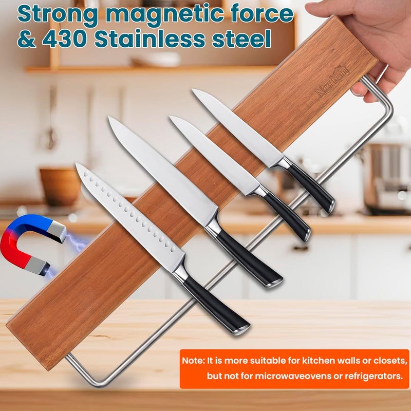 Nerien Magnetic Knife Holder Strip for Wall - 17" Acacia Wood Knife Magnetic Strip with 10pcs Hooks, No Drilling Knives Magnet Block Rack, Magnet Knives Storage Holders for Kitchen Utensil Organizer - Image 3